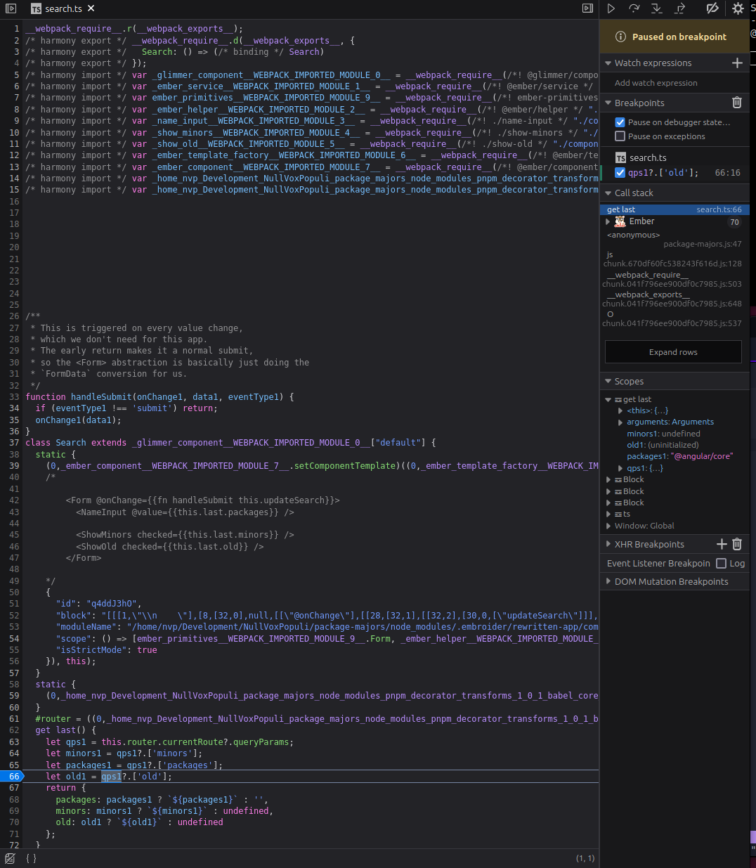 example with devtool set to the default paused on line 66, showing a bunch of paths exposed in the code