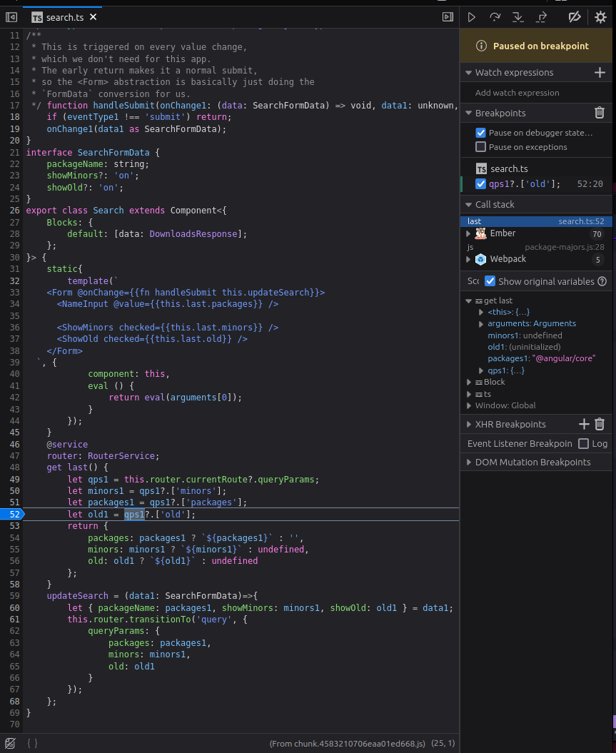 example with devtool set to 'source-map' paused on line 52, showing original source for the getter